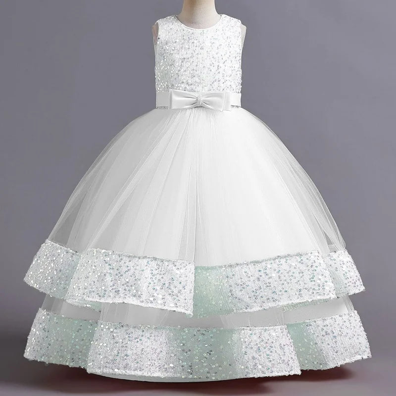 Children's Sequins Bowknot Princess Dress Girls' Fashion Pearl Cake Long Dress Christmas Banquet Host Show Dress