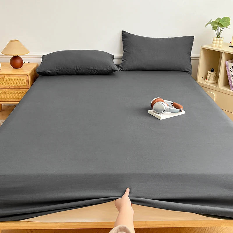Washed Cotton Solid Color Fitted Sheet with Elastic Bands Non Slip Adjustable Mattress Cover Printed for Double King Queen