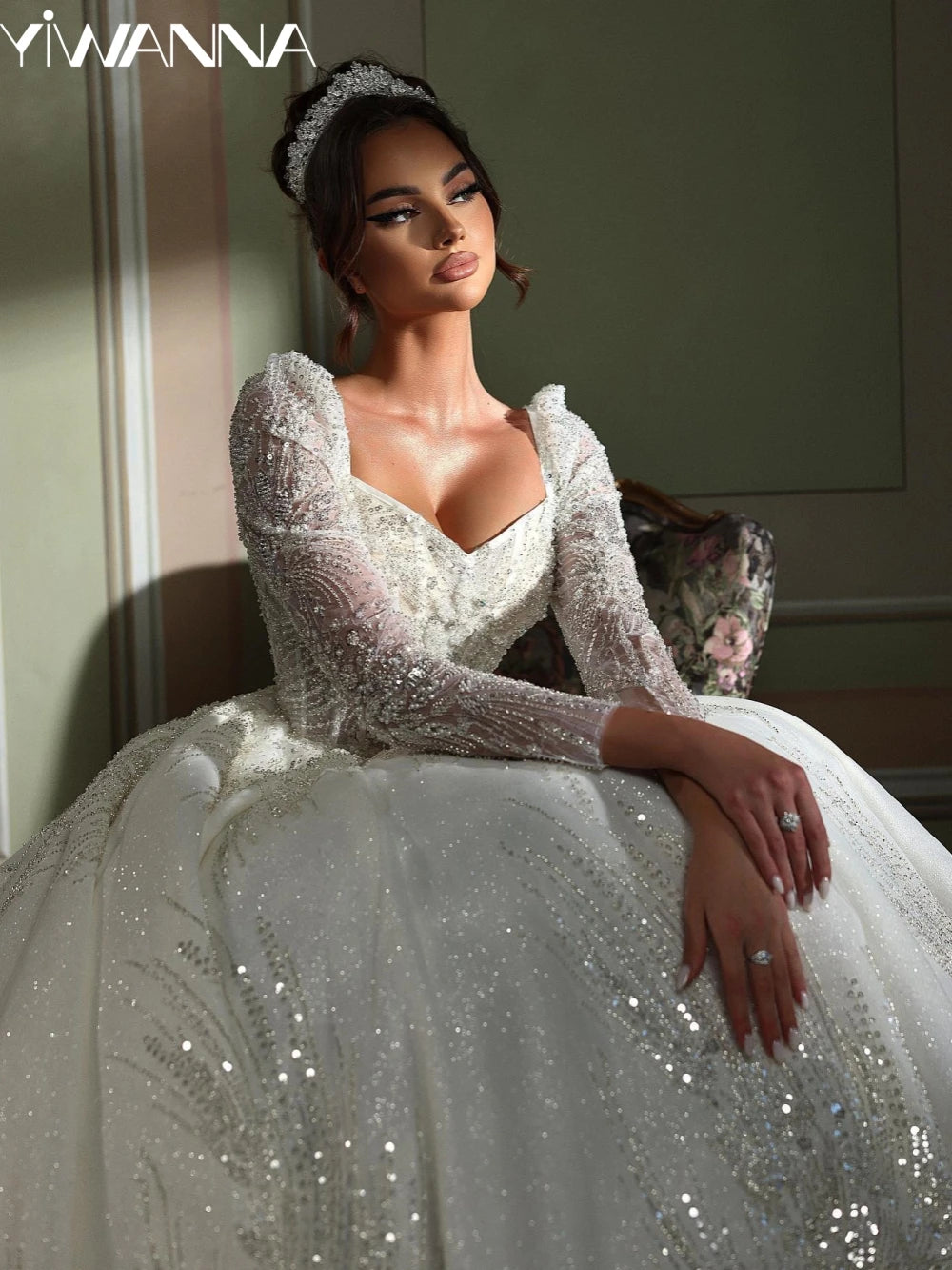 Customized Luxury Beaded Long Wedding Dress With Train Modest Long Sleeve Bridal Gown 2025 Charming Princess Dresses For Bride