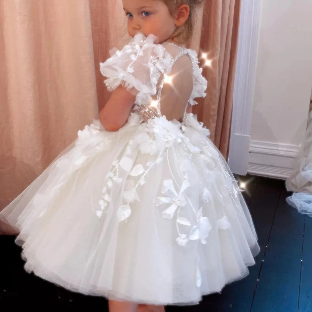 Stylish Flower Girls Dress for Wedding Short Sleeves White Birthday Party Dress Tulle Floral Princess First Communion Ball Gown