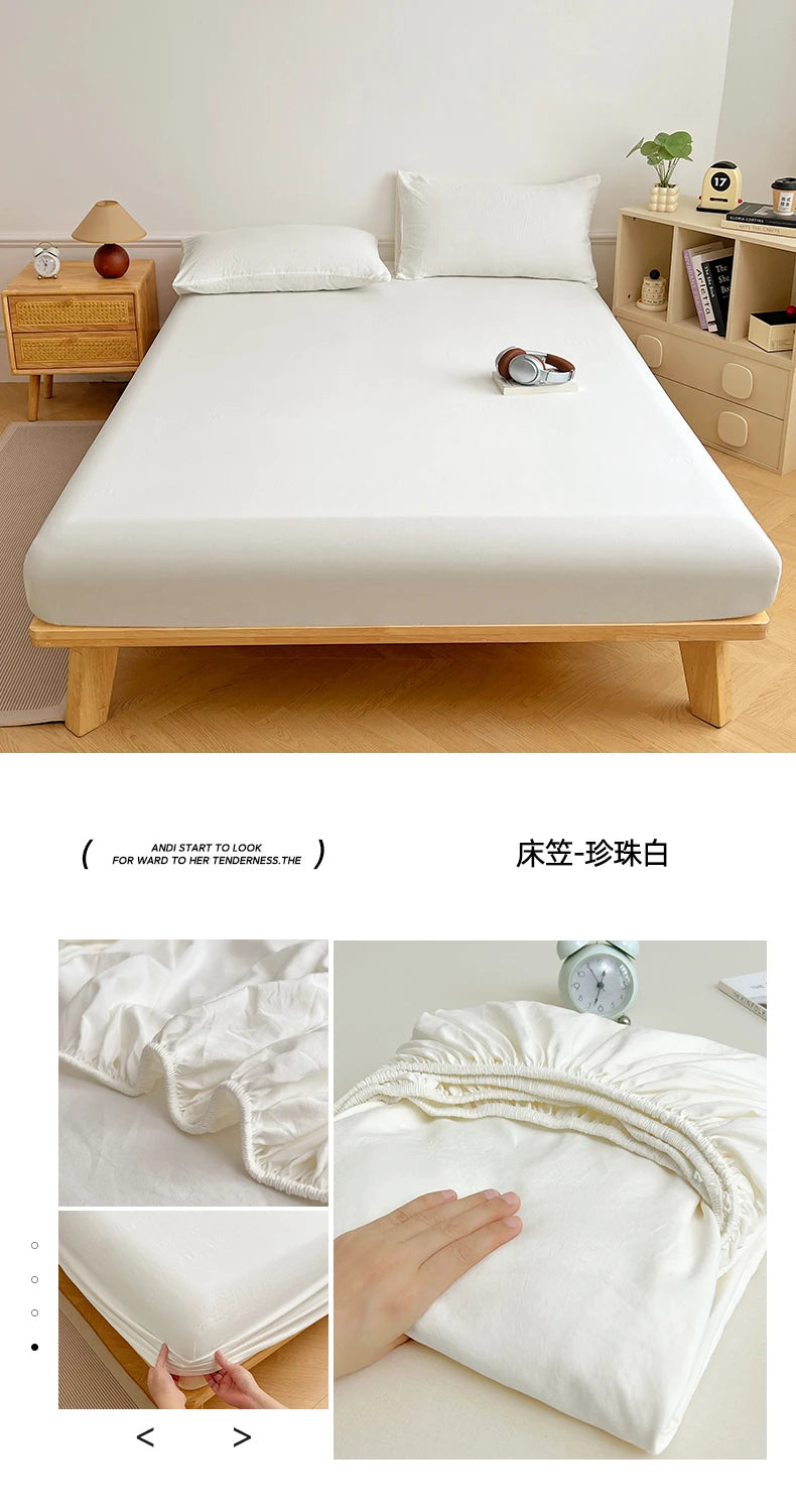 Washed Cotton Solid Color Fitted Sheet with Elastic Bands Non Slip Adjustable Mattress Cover Printed for Double King Queen