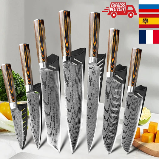 Kitchen knife Set Chef Knives Japanese Utility Paring 7CR17 440C High Carbon Stainless Steel Imitation Damascus Laser Knife