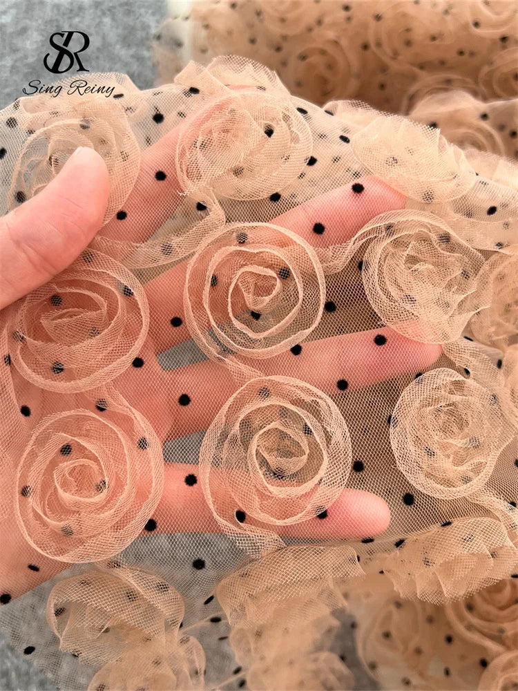 SINGREINY 3D Roses Mesh Straps Dress Polka Dots Backless Zipper Irregular Sundress Women French Senior Chic Evening Long Dress