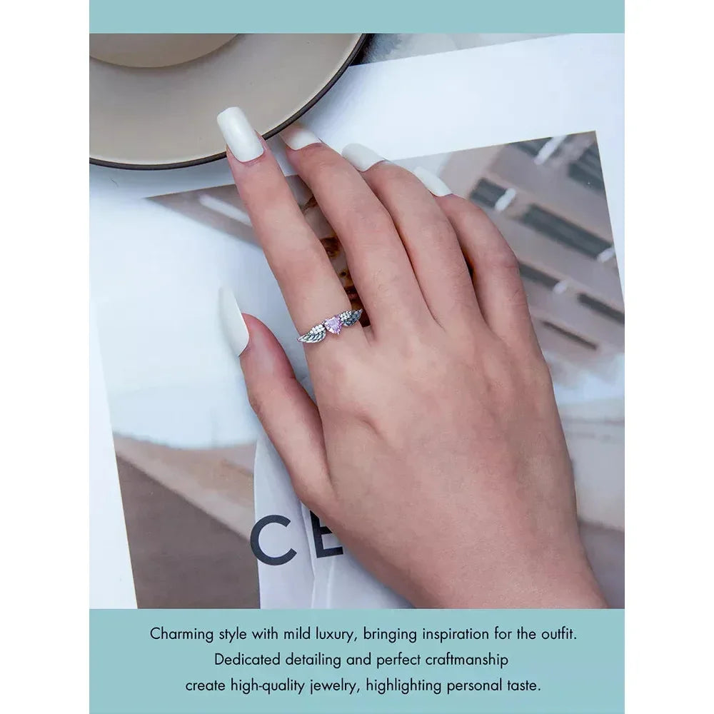 925 Sterling Silver Pink Heart Zircon Ring for Women - Love & Wing Ring