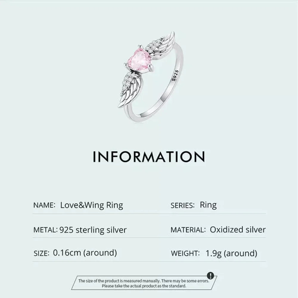 925 Sterling Silver Pink Heart Zircon Ring for Women - Love & Wing Ring