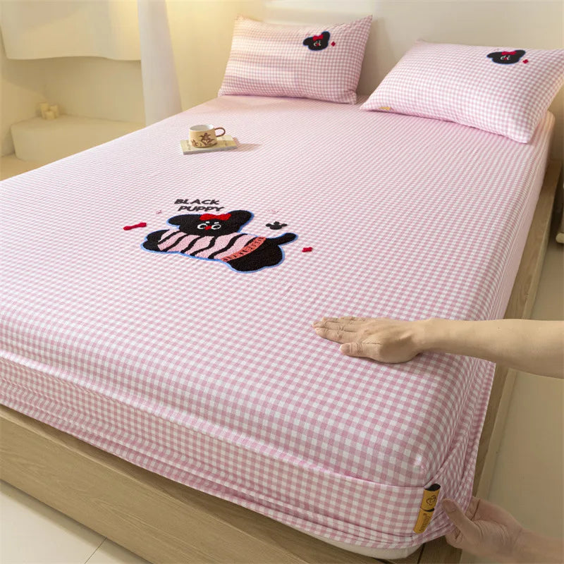 100% Cotton Cartoon Towel Embroidered Fitted Sheet A-Class Single Bed Cover for All Seasons Anti-Slip Mattress Protective Cover