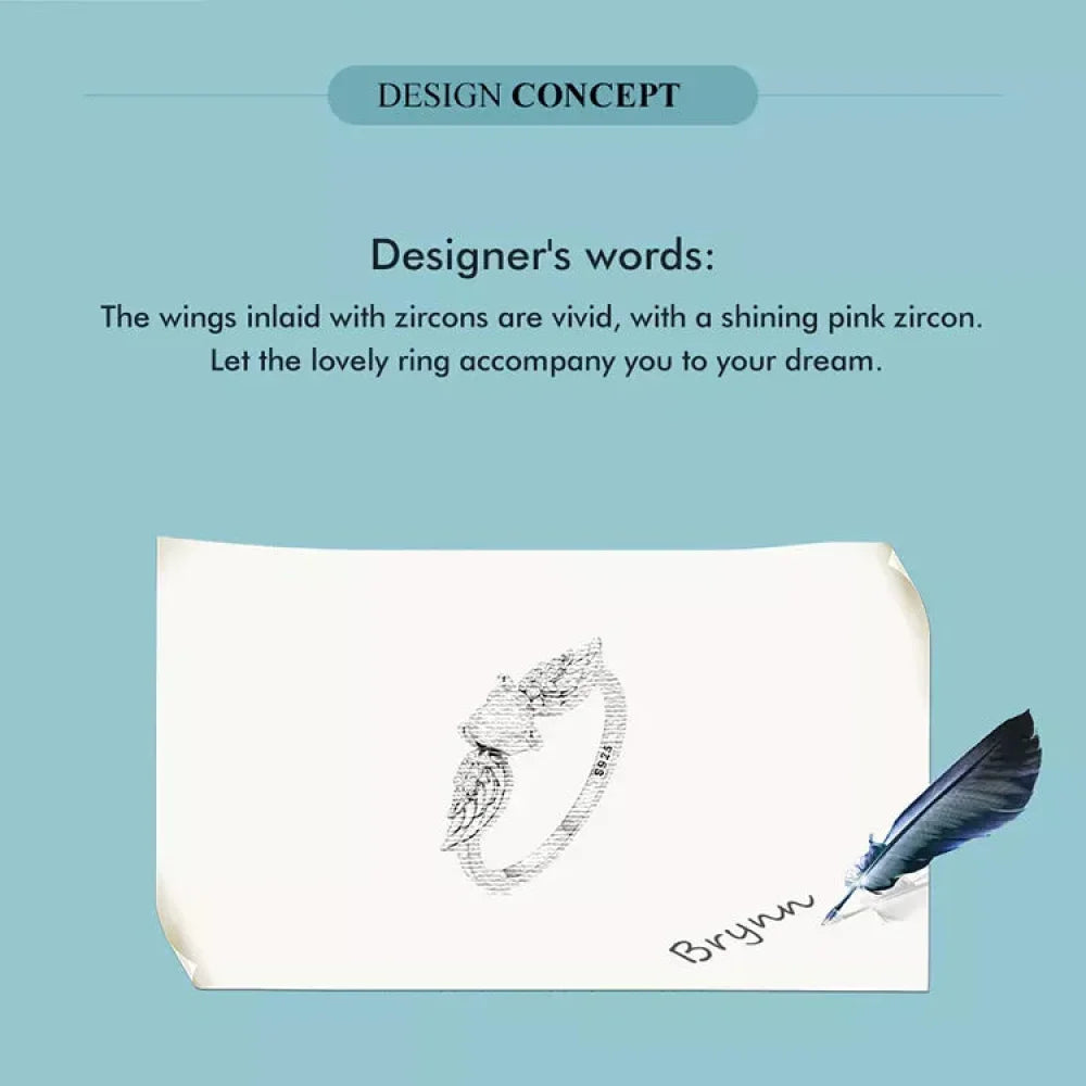 925 Sterling Silver Pink Heart Zircon Ring for Women - Love & Wing Ring