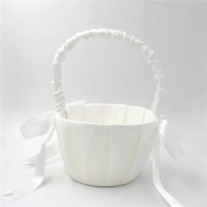 20cm White Girls Flower Basket Silk Wedding Basket for Flower Bride Girls Kids Hand Held Wedding Ceremony Party Decorations