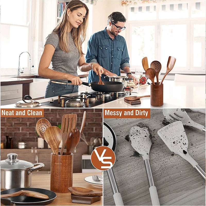 YWDL Natural Teak Cooking Spoon Scoop Kitchen Wooden Spatula Non-stick Utensils Set For Cooking With Hanging Hooks Cookware Tool
