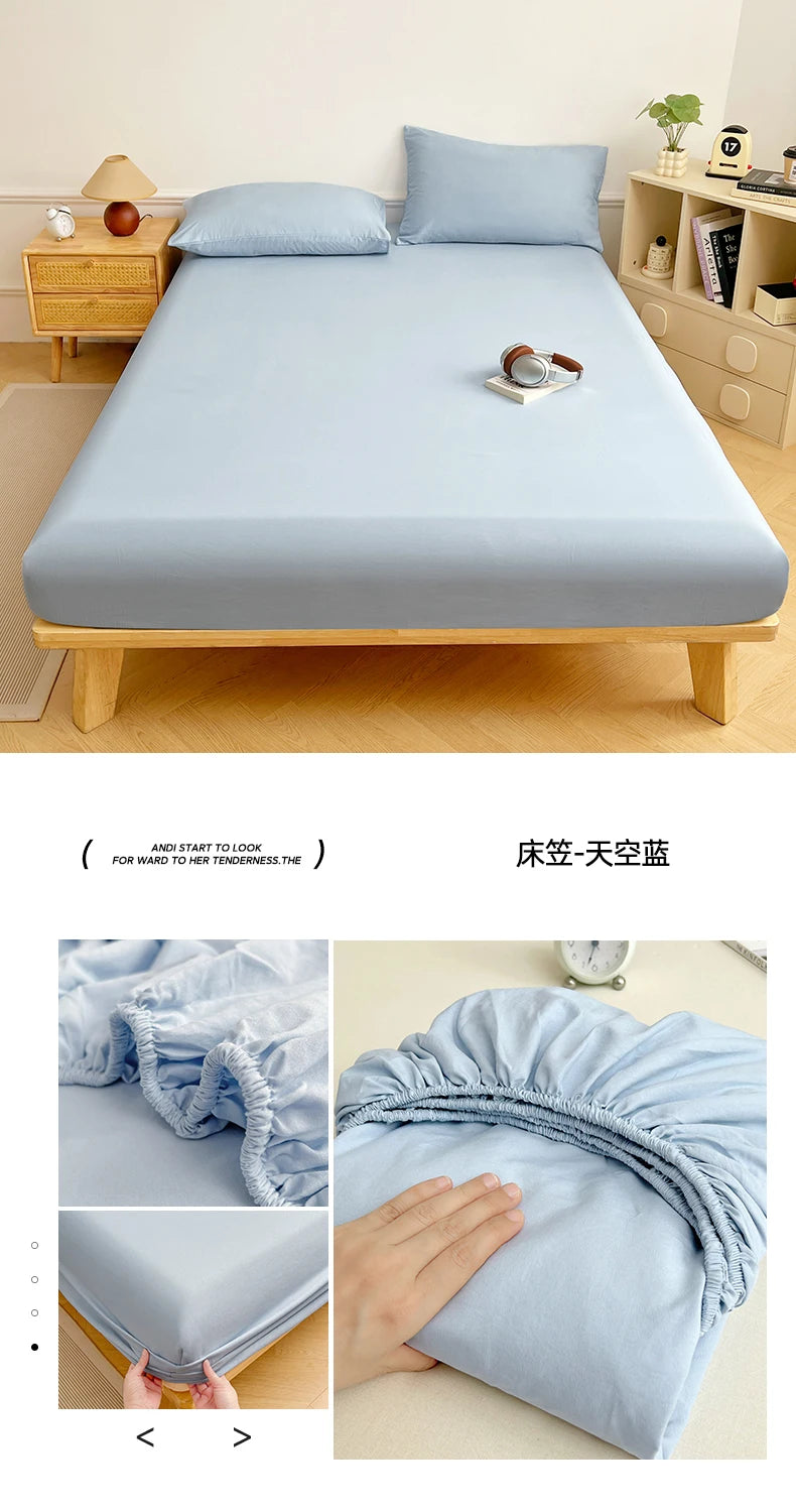 Washed Cotton Solid Color Fitted Sheet with Elastic Bands Non Slip Adjustable Mattress Cover Printed for Double King Queen