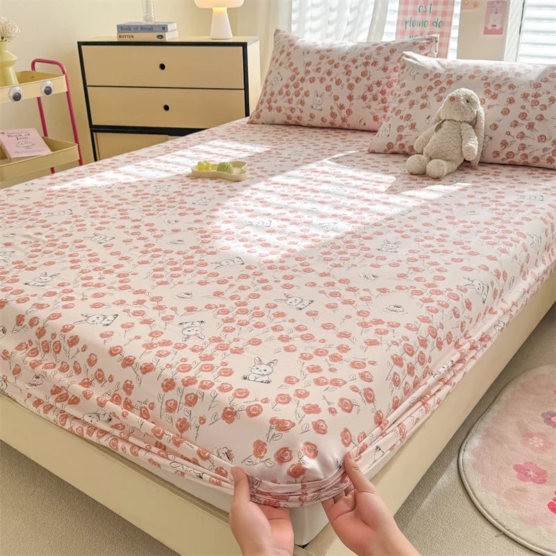 1pc Floral Fitted Bed Sheet Flower Printed Washed Cotton Bed Sheet with Elastic Single/Queen/King Size Bed Fitted Sheets