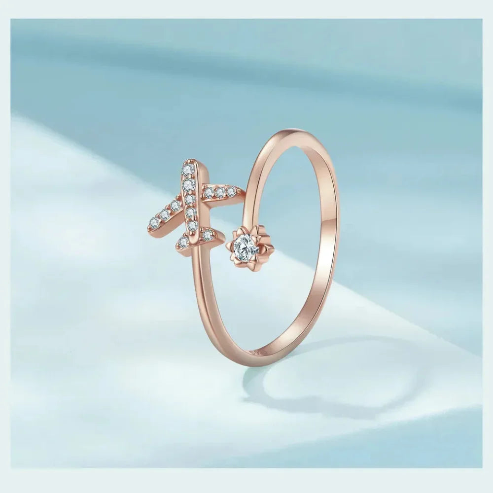 Genuine 925 Sterling Silver Flying Plane Open Adjustable Ring With Clear Cz - Fine Jewelry