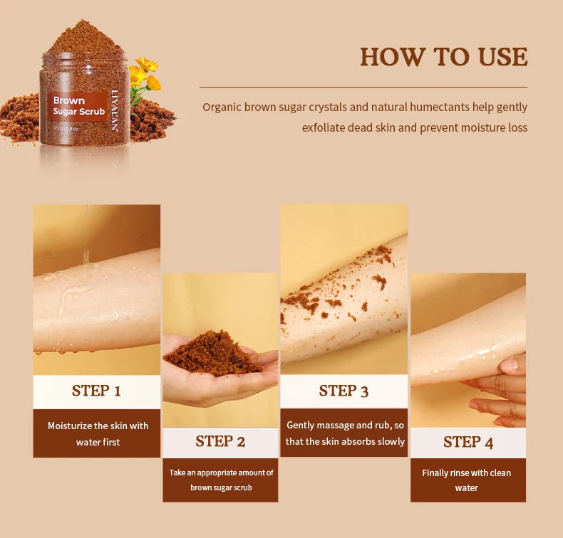 LIYALAN Brown Sugar Body Scrub Smooth Skin Exfoliating Deep Cleaning Softens Cuticles Moisturizing Whitening SPA Organic Sugar
