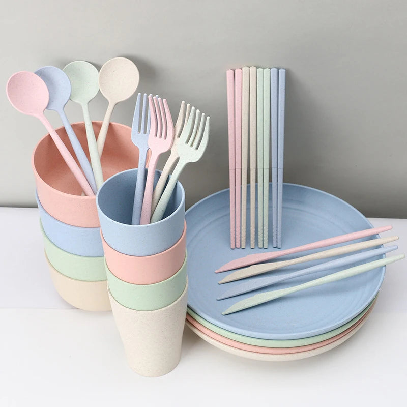 16pcs/set tableware eco friendly degradable plates cup dinner set wheat straw kitchen