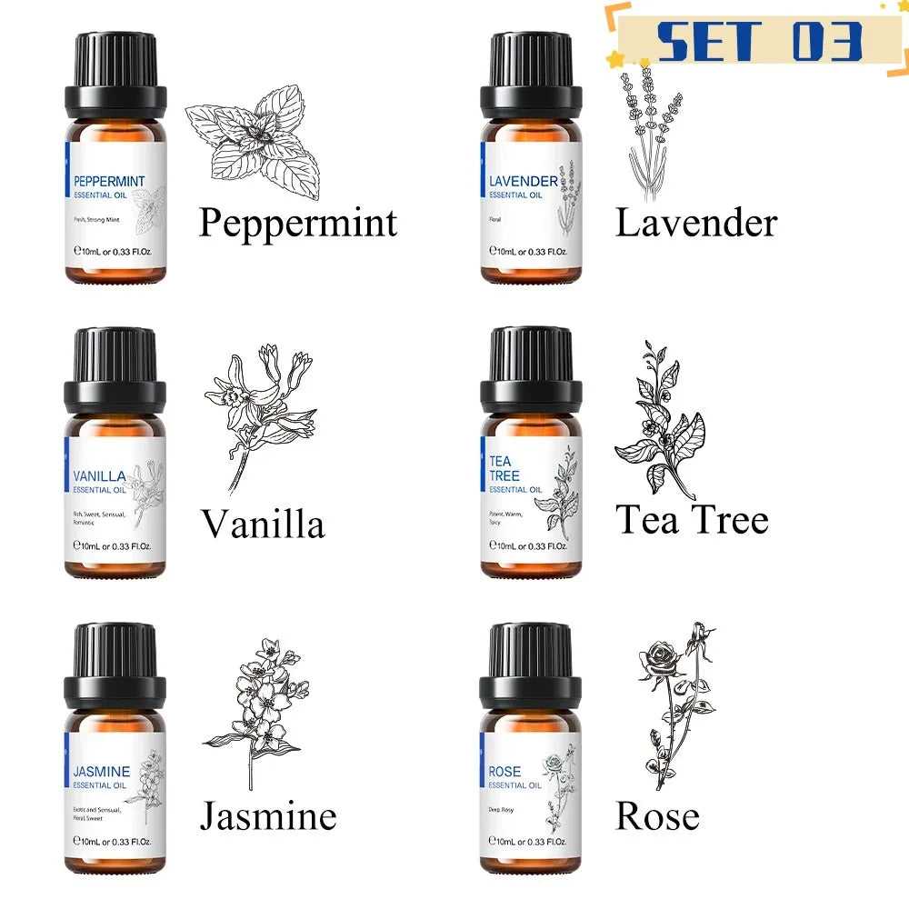 HIQILI Essential Oils Set, Pure Nature Plant Oil for Diffuser Humidifier Hair Skin Care Massage Candle Making-6PCS*10mL
