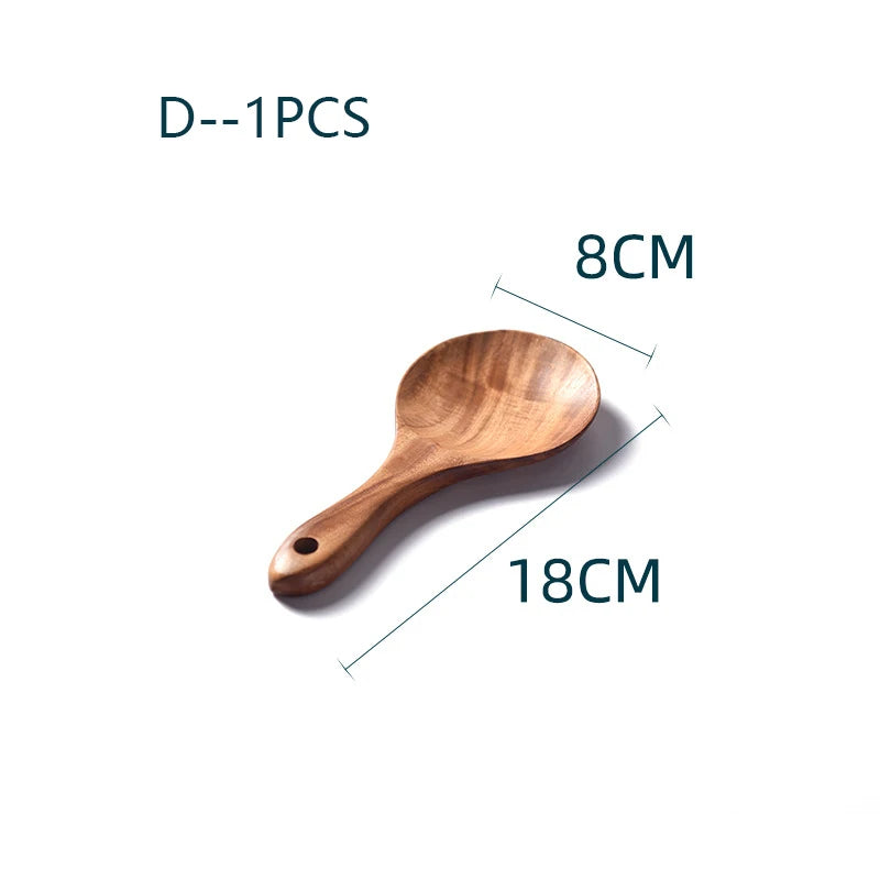 YWDL Natural Teak Cooking Spoon Scoop Kitchen Wooden Spatula Non-stick Utensils Set For Cooking With Hanging Hooks Cookware Tool