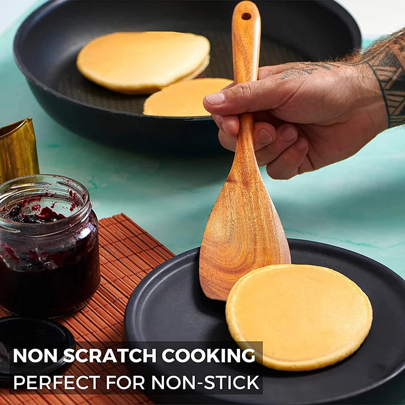 YWDL Natural Teak Cooking Spoon Scoop Kitchen Wooden Spatula Non-stick Utensils Set For Cooking With Hanging Hooks Cookware Tool