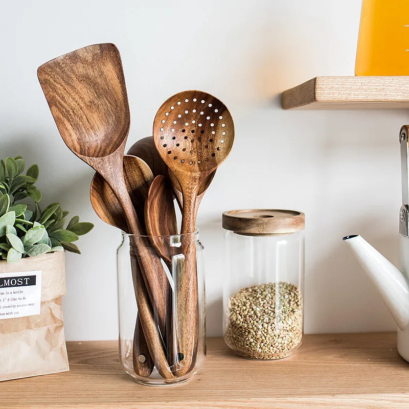 YWDL Natural Teak Cooking Spoon Scoop Kitchen Wooden Spatula Non-stick Utensils Set For Cooking With Hanging Hooks Cookware Tool
