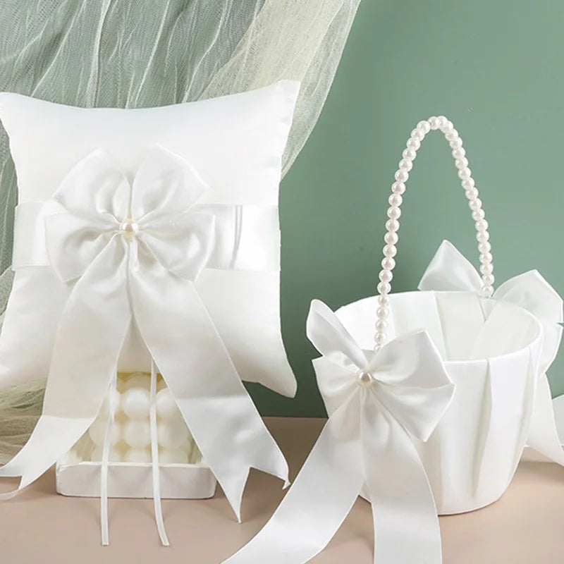 New Wedding Ivory Flower Baskets Ribbon Pearls Bow Knot Ring Pillow Cushion Bearer Bridal Party Supplies Gifts Home Decorations