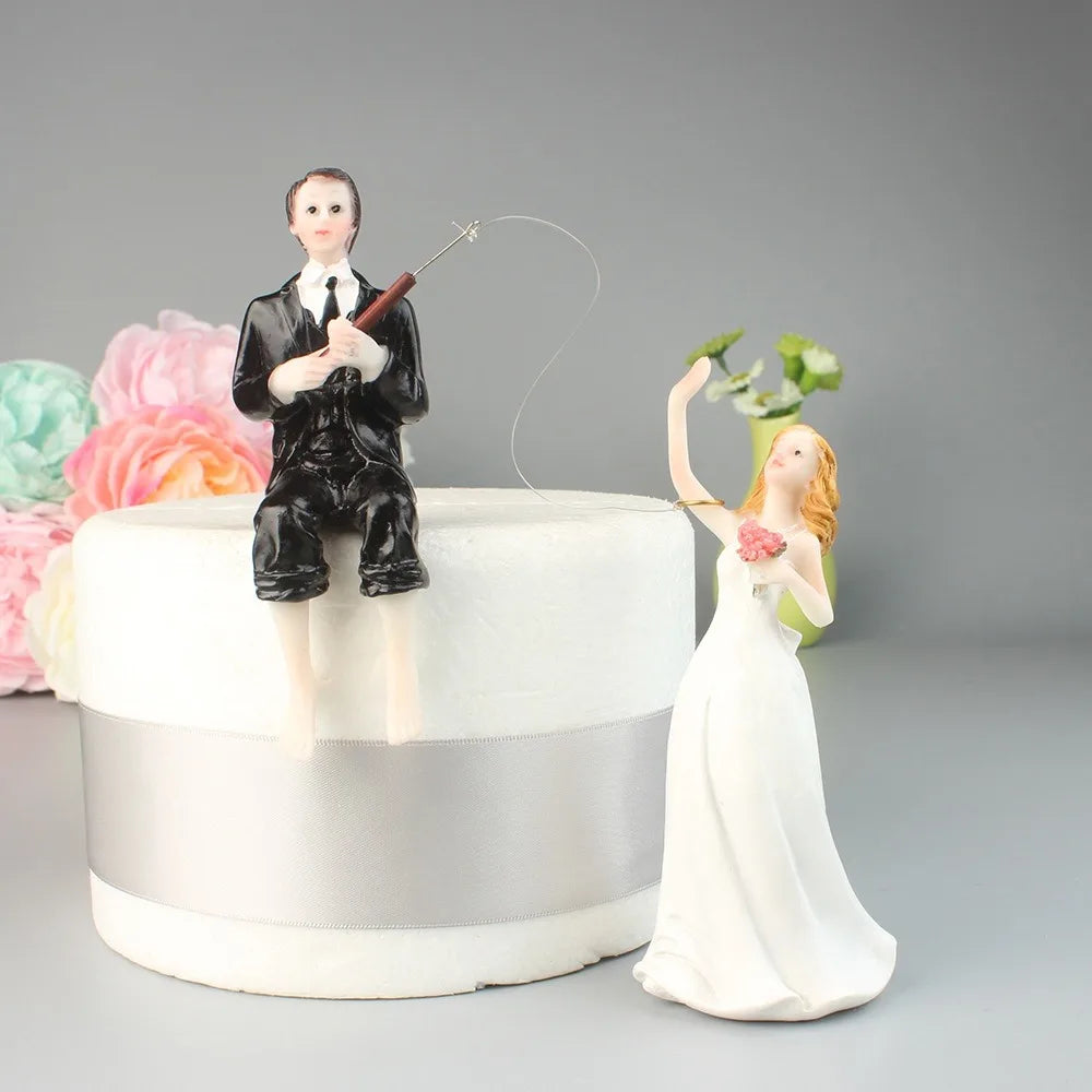 Hooked on Love Fishing Groom Catching Bride Funny Wedding Cake Topper Decor