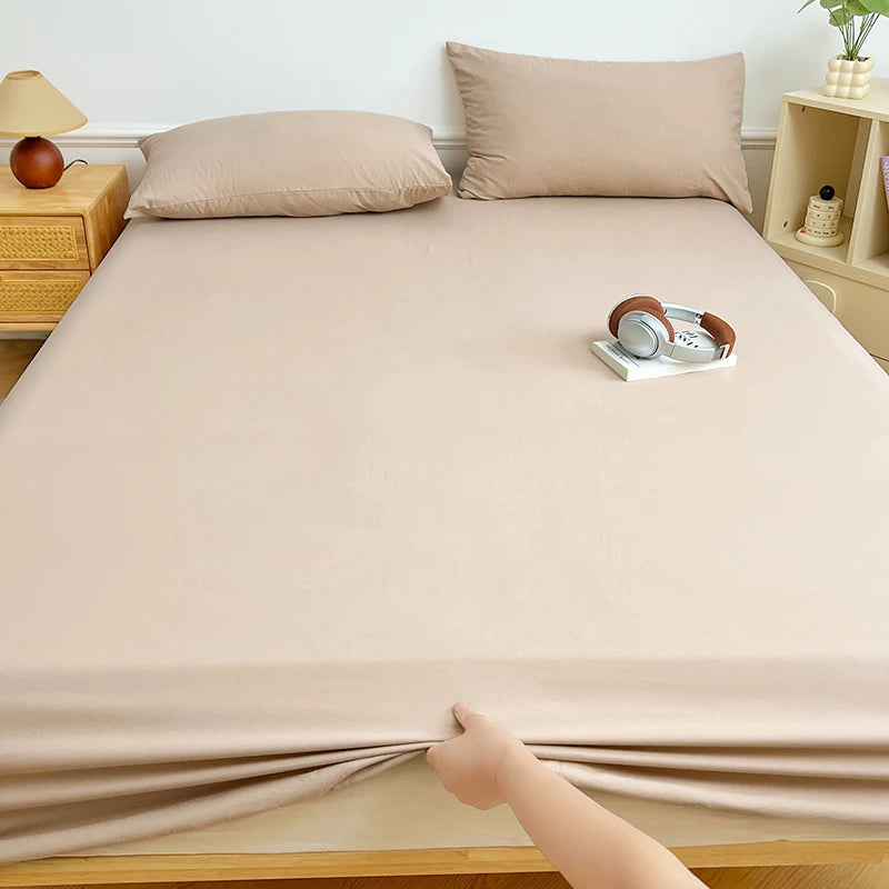 Washed Cotton Solid Color Fitted Sheet with Elastic Bands Non Slip Adjustable Mattress Cover Printed for Double King Queen