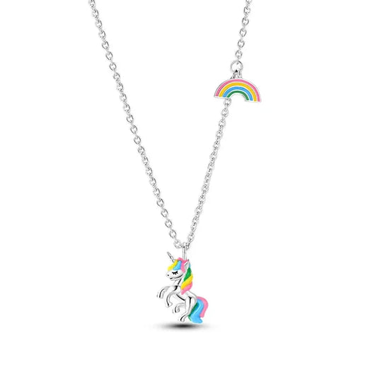 Magical Unicorn Sterling Silver Pendant Necklace With Rainbow Charm