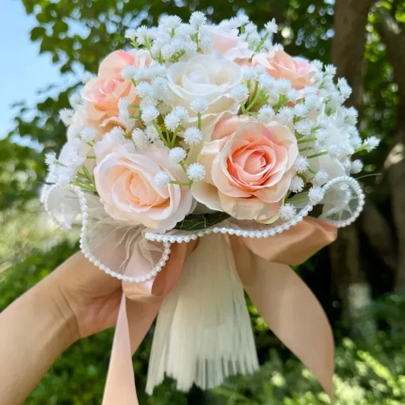Wedding Bouquets for Bride Babysbreath Rose Bridesmaid Bouquets Silk Ribbon Valentine's Day Decoration Pearl Lace Mesh Ball Gift