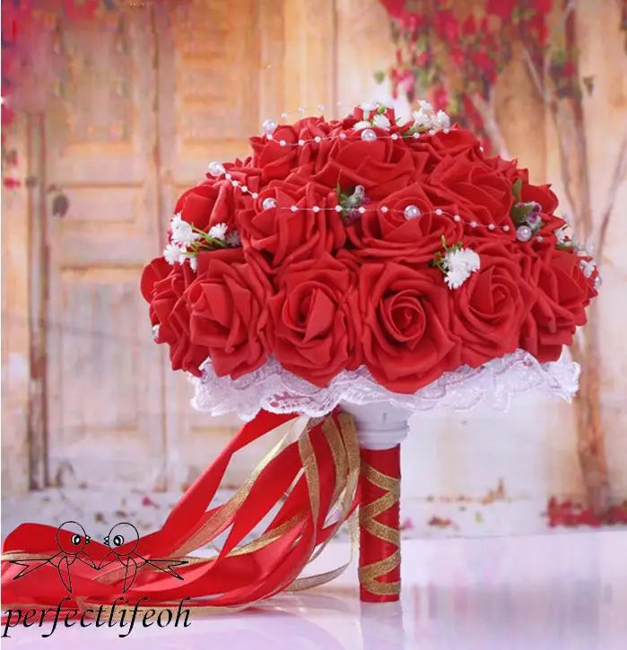 Perfectlifeoh Burgundy Wedding Bouquet Pink/Red/White/Royal Blue Bridal Bridesmaid  Artificial Flower Rose Bride