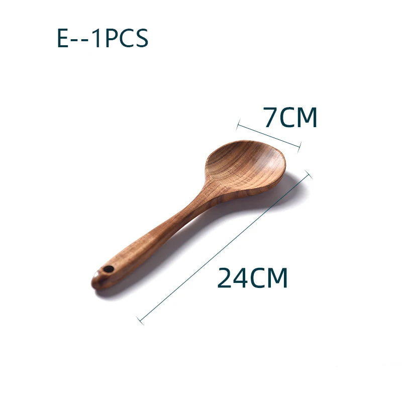 YWDL Natural Teak Cooking Spoon Scoop Kitchen Wooden Spatula Non-stick Utensils Set For Cooking With Hanging Hooks Cookware Tool