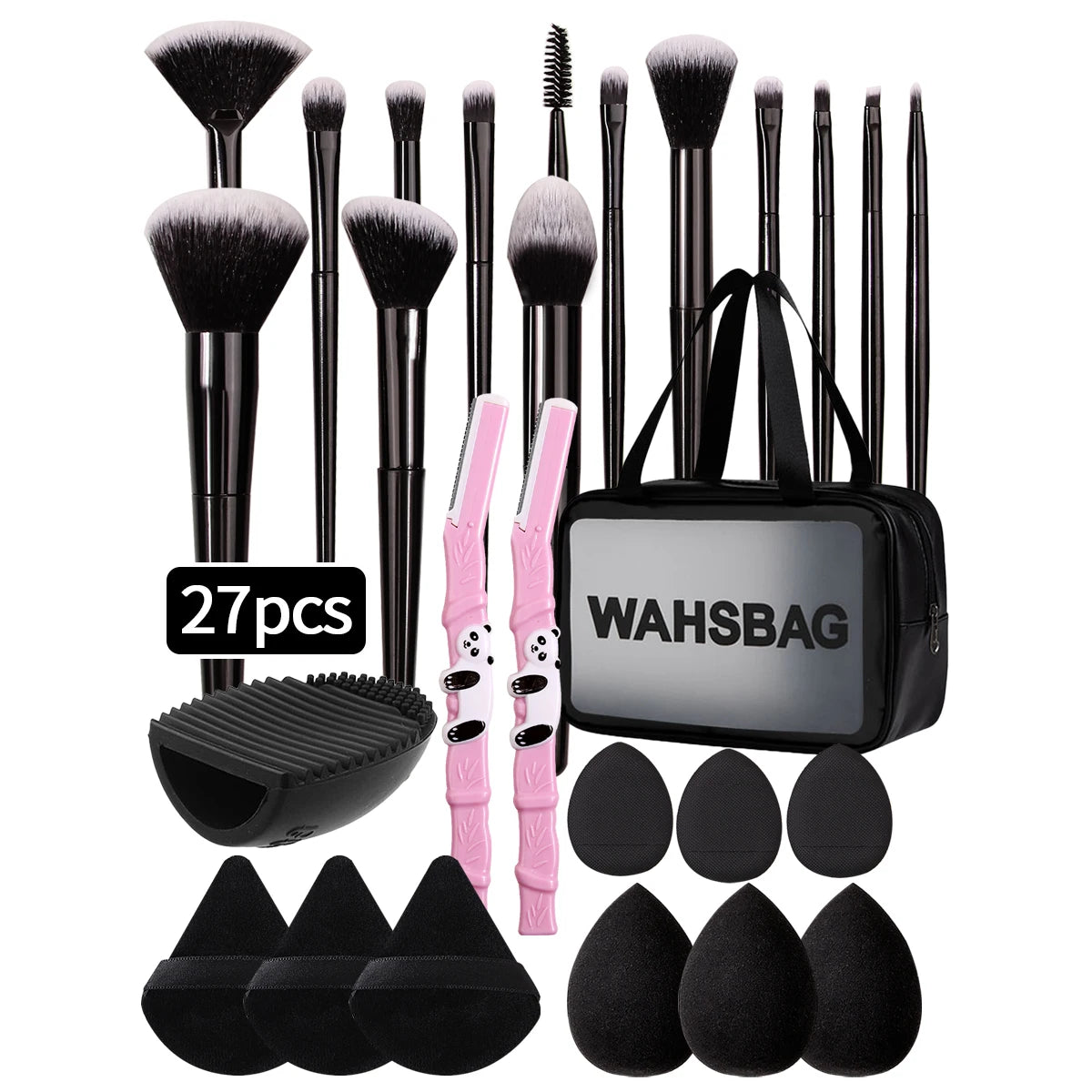 27PCS 14 makeup brush set +12pcs Beauty Egg Triangle mini powder puff, brush, eyebrow razor set +1pcs waterproof storage bag