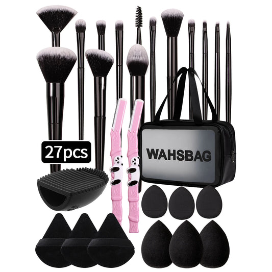 27PCS 14 makeup brush set +12pcs Beauty Egg Triangle mini powder puff, brush, eyebrow razor set +1pcs waterproof storage bag