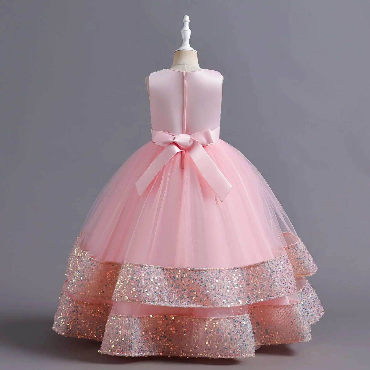 Children's Sequins Bowknot Princess Dress Girls' Fashion Pearl Cake Long Dress Christmas Banquet Host Show Dress