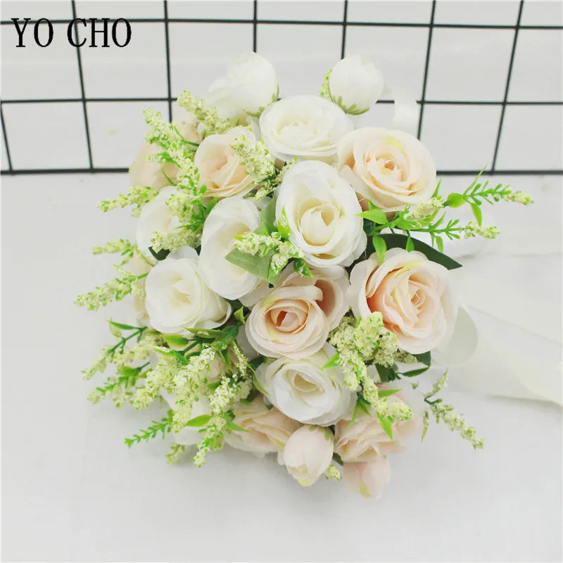 Bridal Bridesmaid Wedding Bouquet White Pink Champagne Artificial Rose Bride Holding Flowers Mariage Decor Wedding Accessories