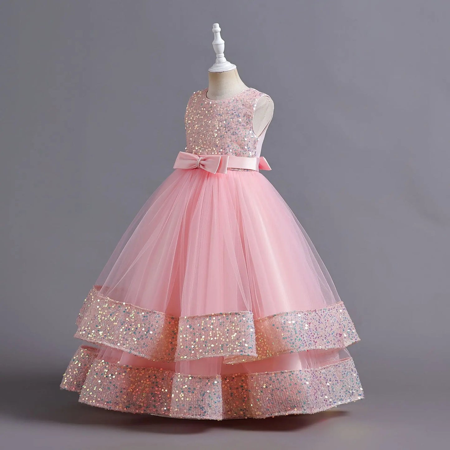 Children's Sequins Bowknot Princess Dress Girls' Fashion Pearl Cake Long Dress Christmas Banquet Host Show Dress