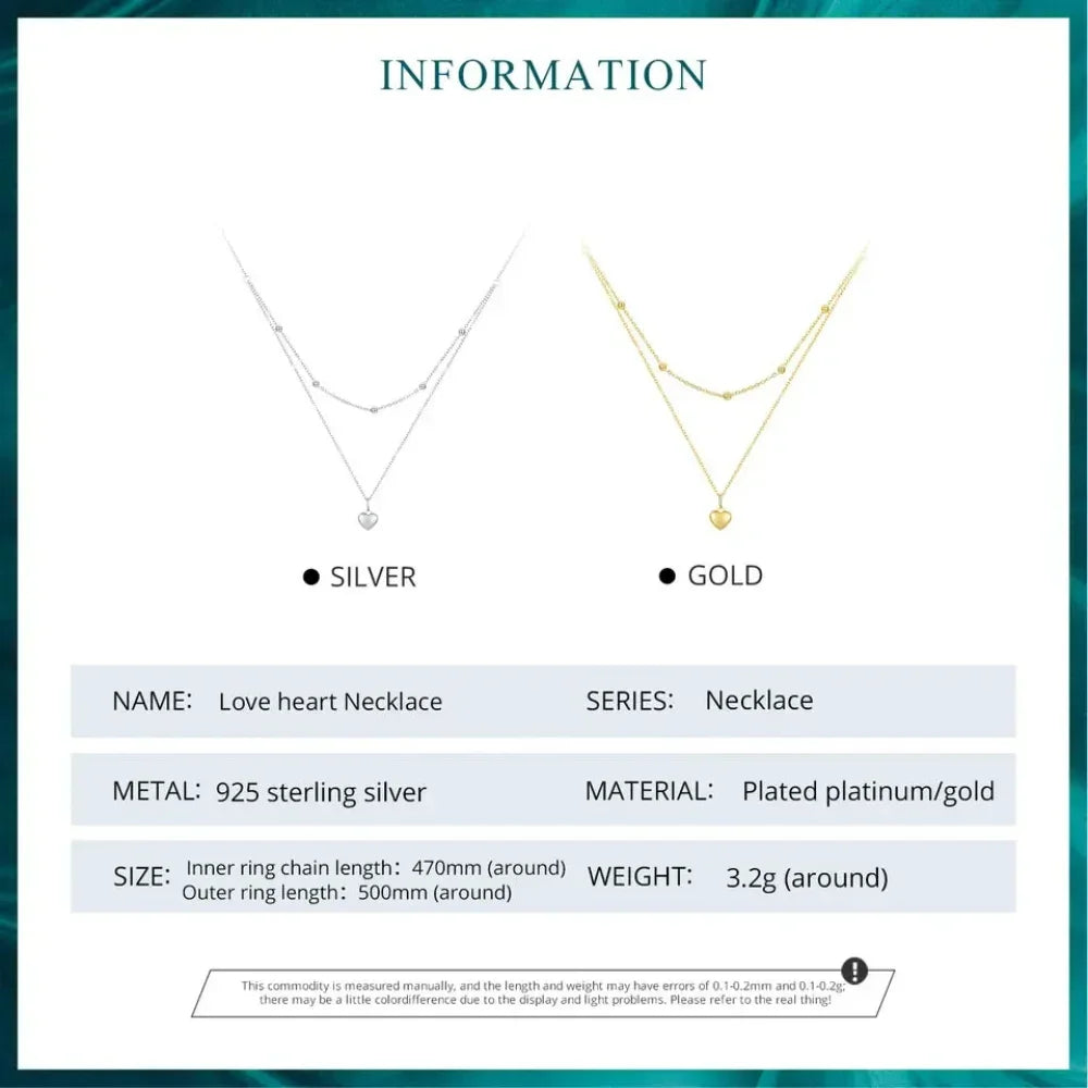 925 Sterling Silver Heart Pendant Necklace - Elegant Double Layer Choker For Women - Bsn168