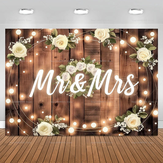 Mr & Mrs Rustic Wooden Backdrop Wedding Bridal Shower Bachelorette Party Decirations Photography Background Photo Booth Props
