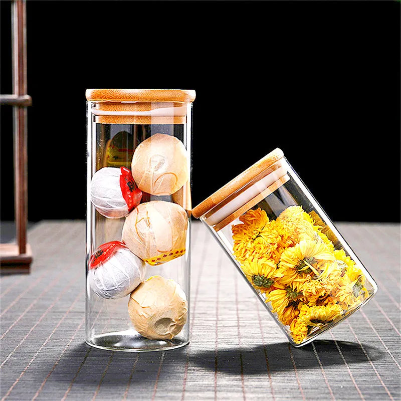 Glass Jar with Bamboo Lid, Kitchen Sealed Storage Bottles, Tea Coffee Bean Container, Spice Organizer, 250 ml, 300 ml, 350 ml