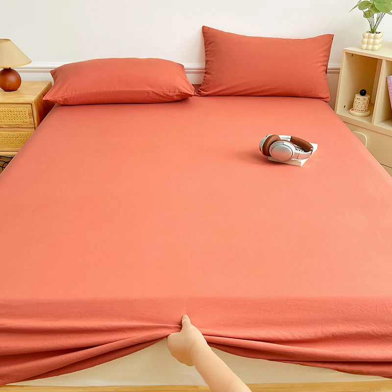 Washed Cotton Solid Color Fitted Sheet with Elastic Bands Non Slip Adjustable Mattress Cover Printed for Double King Queen