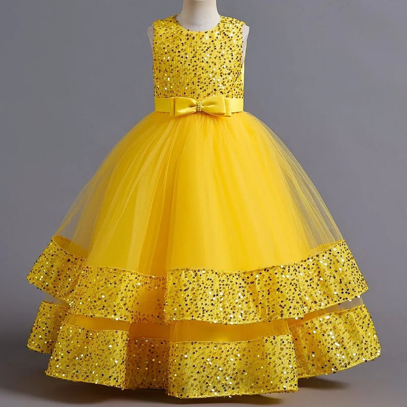 Children's Sequins Bowknot Princess Dress Girls' Fashion Pearl Cake Long Dress Christmas Banquet Host Show Dress