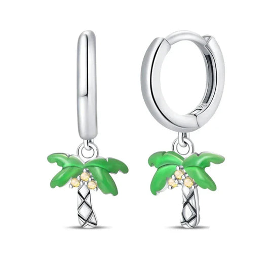 Tropical Paradise Palm Tree Sterling Silver Hoop Earrings