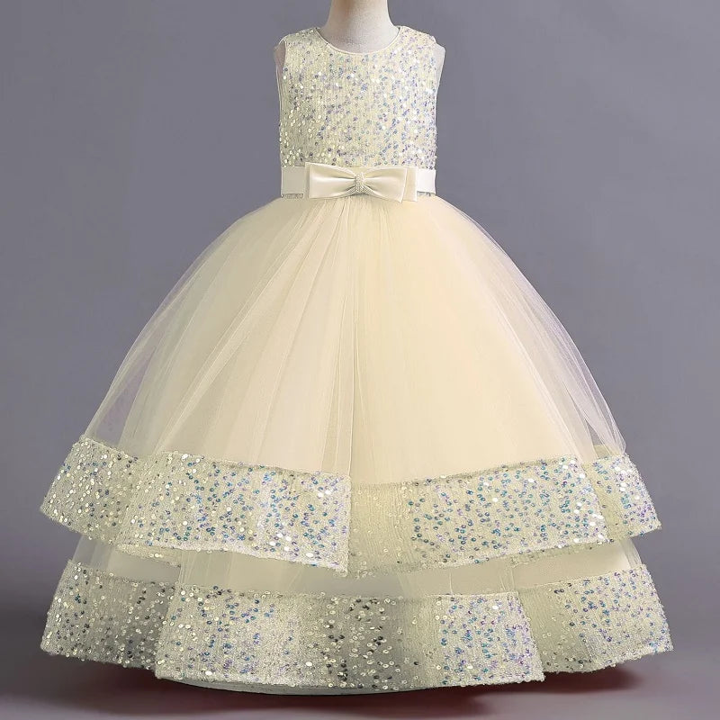 Children's Sequins Bowknot Princess Dress Girls' Fashion Pearl Cake Long Dress Christmas Banquet Host Show Dress