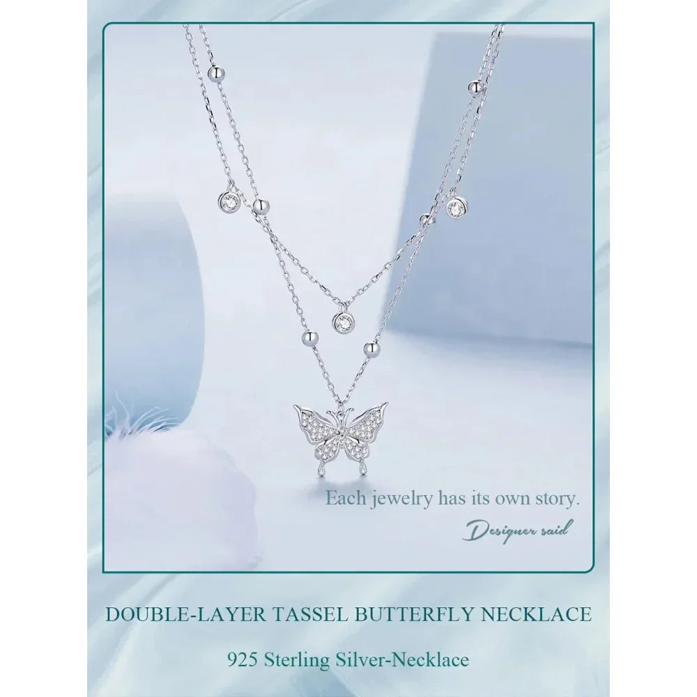 925 Sterling Silver Double-layer Tassel Butterfly Pendant Necklace for Women - Elegant Fine jewelry