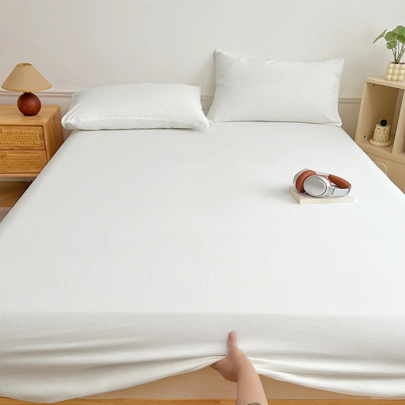 Washed Cotton Solid Color Fitted Sheet with Elastic Bands Non Slip Adjustable Mattress Cover Printed for Double King Queen