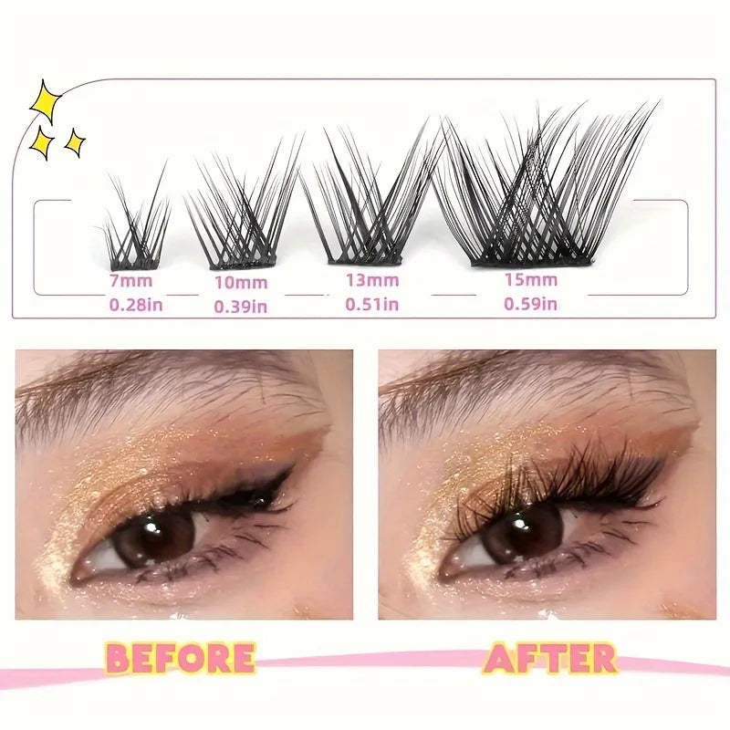 64/80 natural clustered eyelashes - fox eye and cat eye appearance, mixed length, suitable for various styles