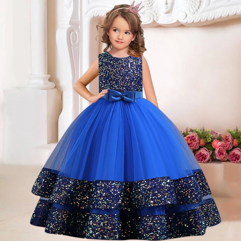 Children's Sequins Bowknot Princess Dress Girls' Fashion Pearl Cake Long Dress Christmas Banquet Host Show Dress