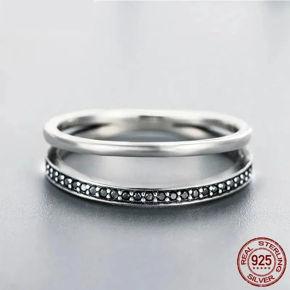 Breathtaking 925 Sterling Silver Double Circle Black Clear Cz Stackable Ring