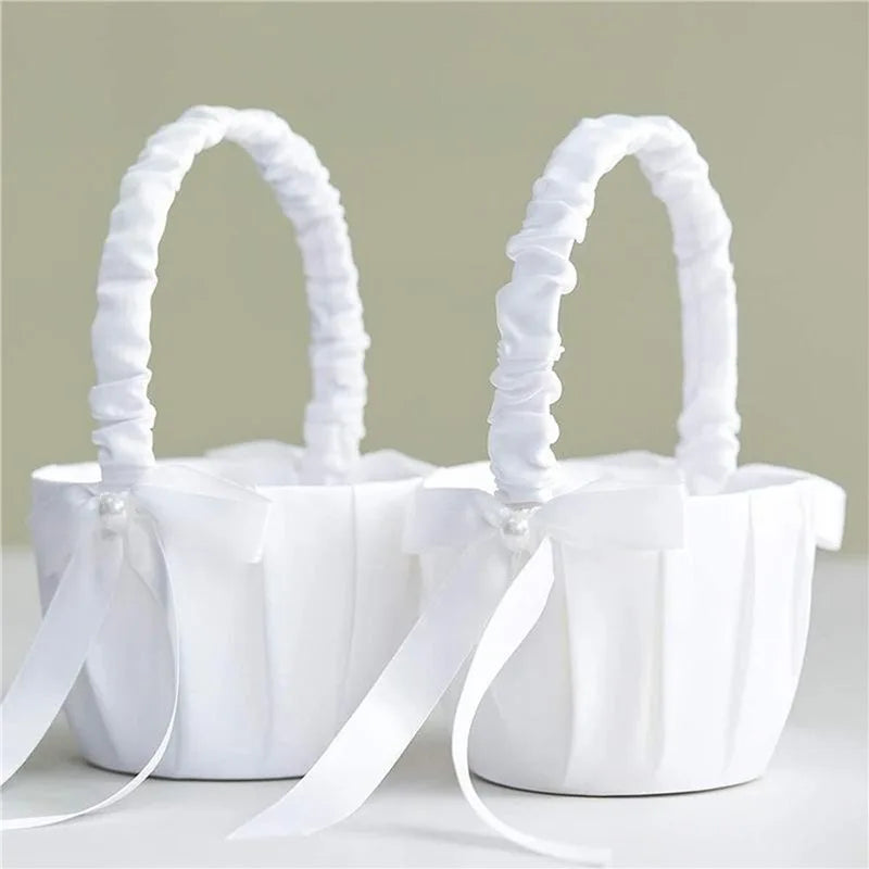 20cm White Girls Flower Basket Silk Wedding Basket for Flower Bride Girls Kids Hand Held Wedding Ceremony Party Decorations