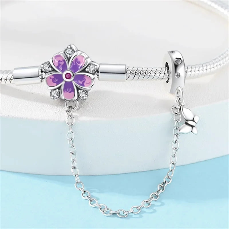Enchanting Floral Sterling Silver Charm Bracelet With Safety Chain