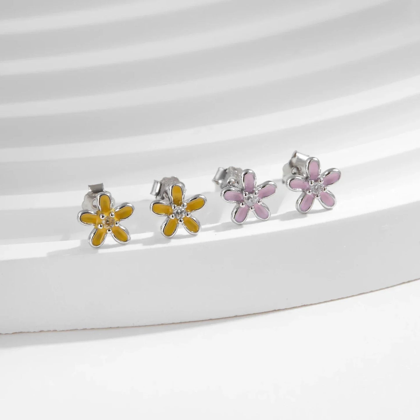 925 Sterling Silver Colorful Enamel Flower Stud Earrings - Minimalist & Cute