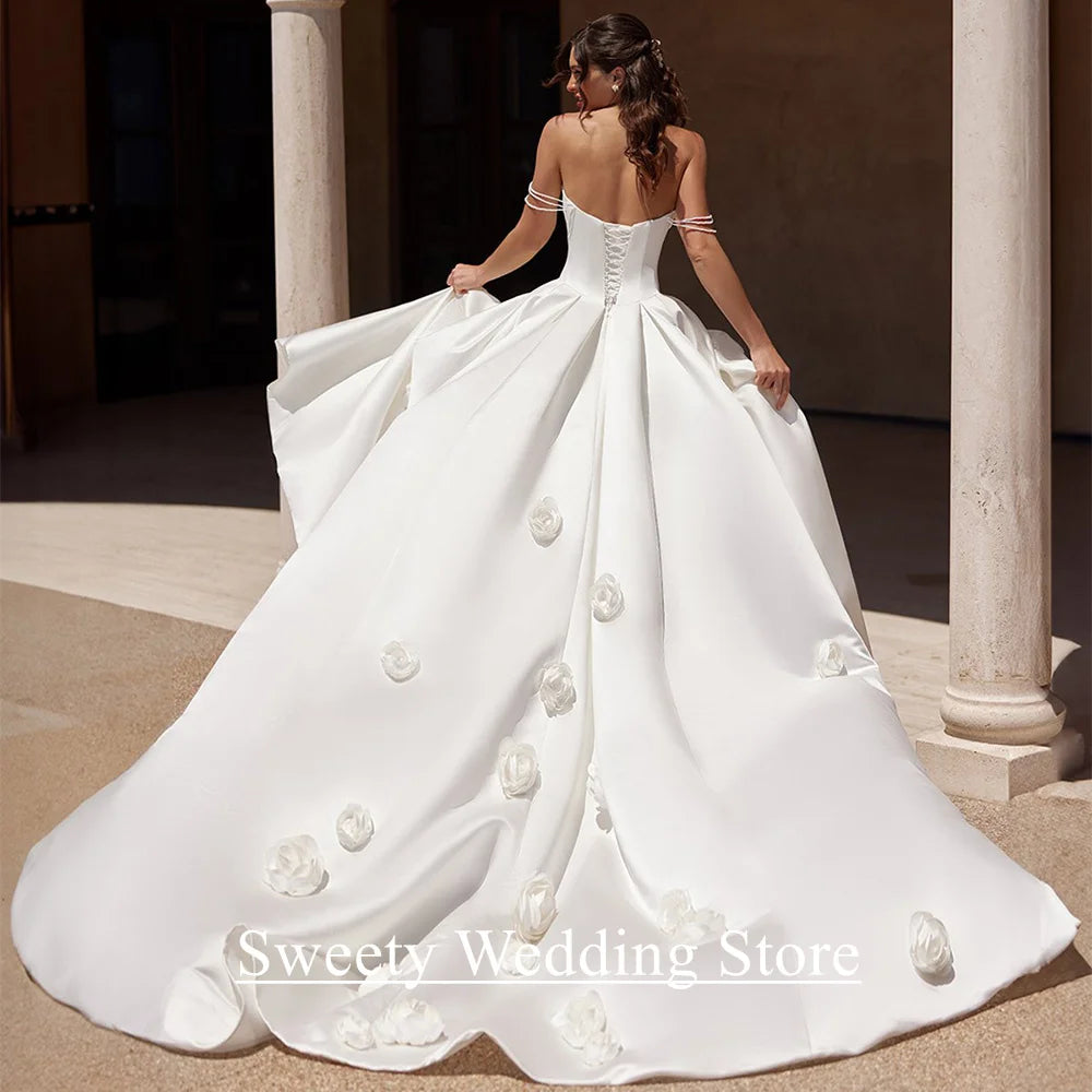 Modern Wedding Dresses for Bride New Customized V Neck Pearls Straps Pleat Flowers Sweep Train Backless Bridal Gown